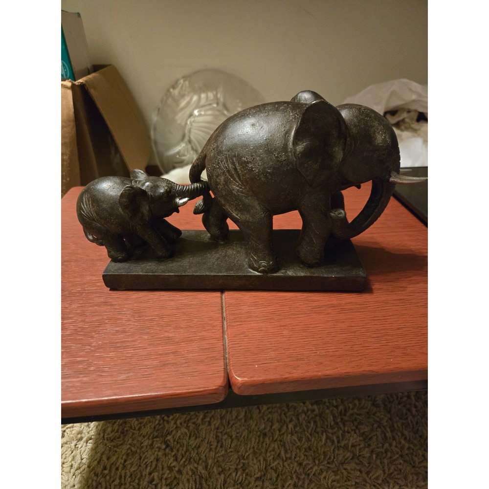 Elephant Mother and Calf Figurine Statue Bronze Tone Safari Home Decor Trunk Up